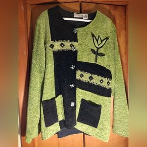Nouveau Monde Womens Green Black Cardigan Jacket Size Medium
